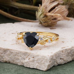 Classic 3 Prong Heart Cut Black Onyx Leaf Engagement Ring