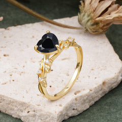 Classic 3 Prong Heart Cut Black Onyx Leaf Engagement Ring