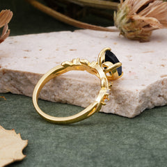 Classic 3 Prong Heart Cut Black Onyx Leaf Engagement Ring