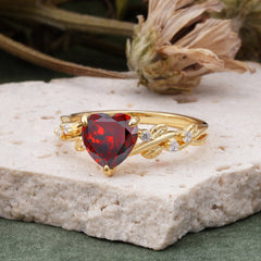 Classic 3 Prong Heart Cut Garnet Leaf Engagement Ring