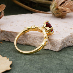 Classic 3 Prong Heart Cut Garnet Leaf Engagement Ring