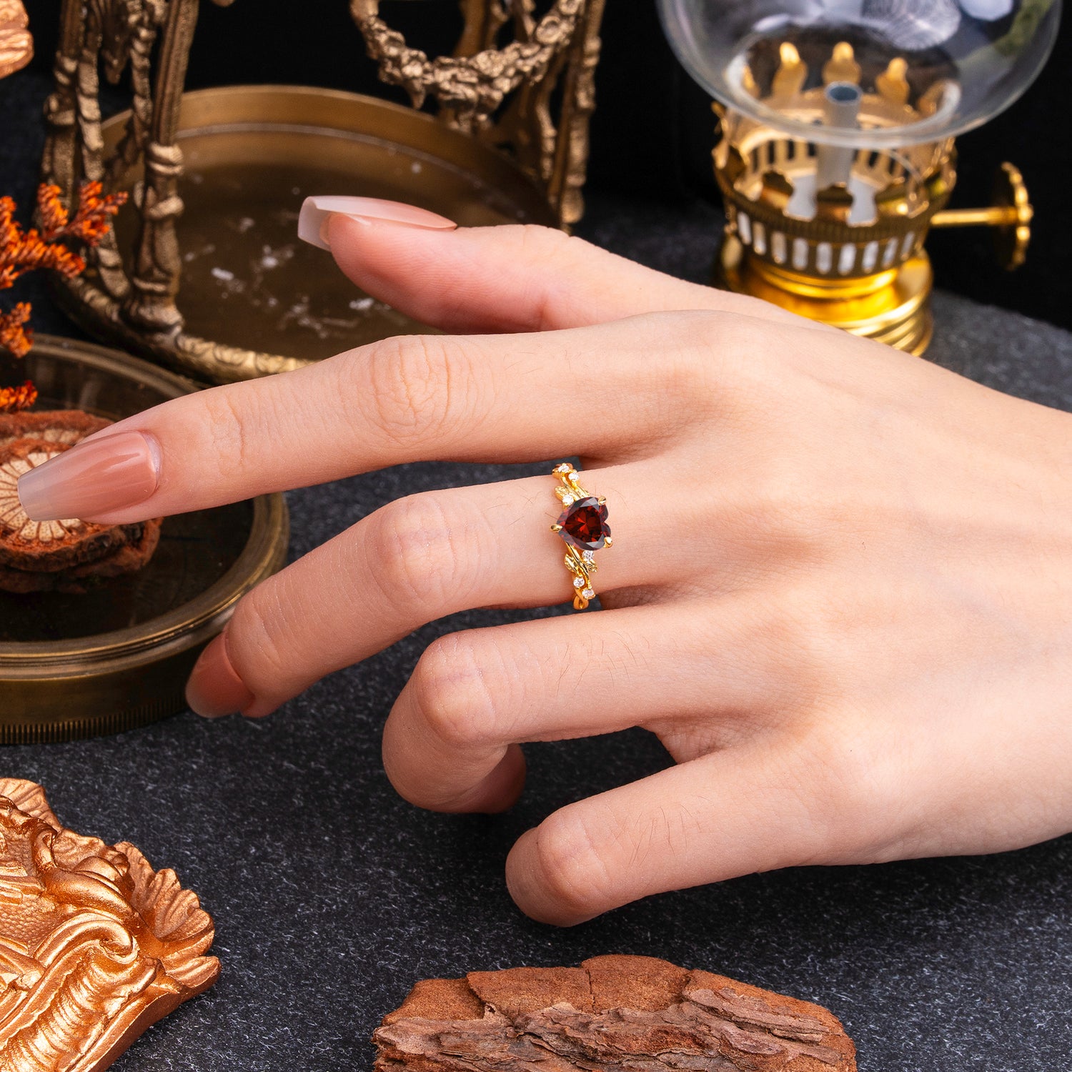 Classic 3 Prong Heart Cut Garnet Leaf Engagement Ring