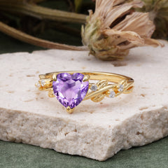 Classic 3 Prong Heart Cut Amethyst Leaf Engagement Ring