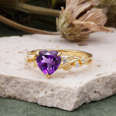 Classic 3 Prong Heart Cut Amethyst Leaf Engagement Ring