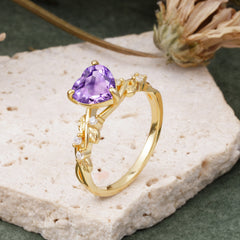 Classic 3 Prong Heart Cut Amethyst Leaf Engagement Ring