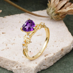 Classic 3 Prong Heart Cut Amethyst Leaf Engagement Ring