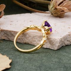 Classic 3 Prong Heart Cut Amethyst Leaf Engagement Ring