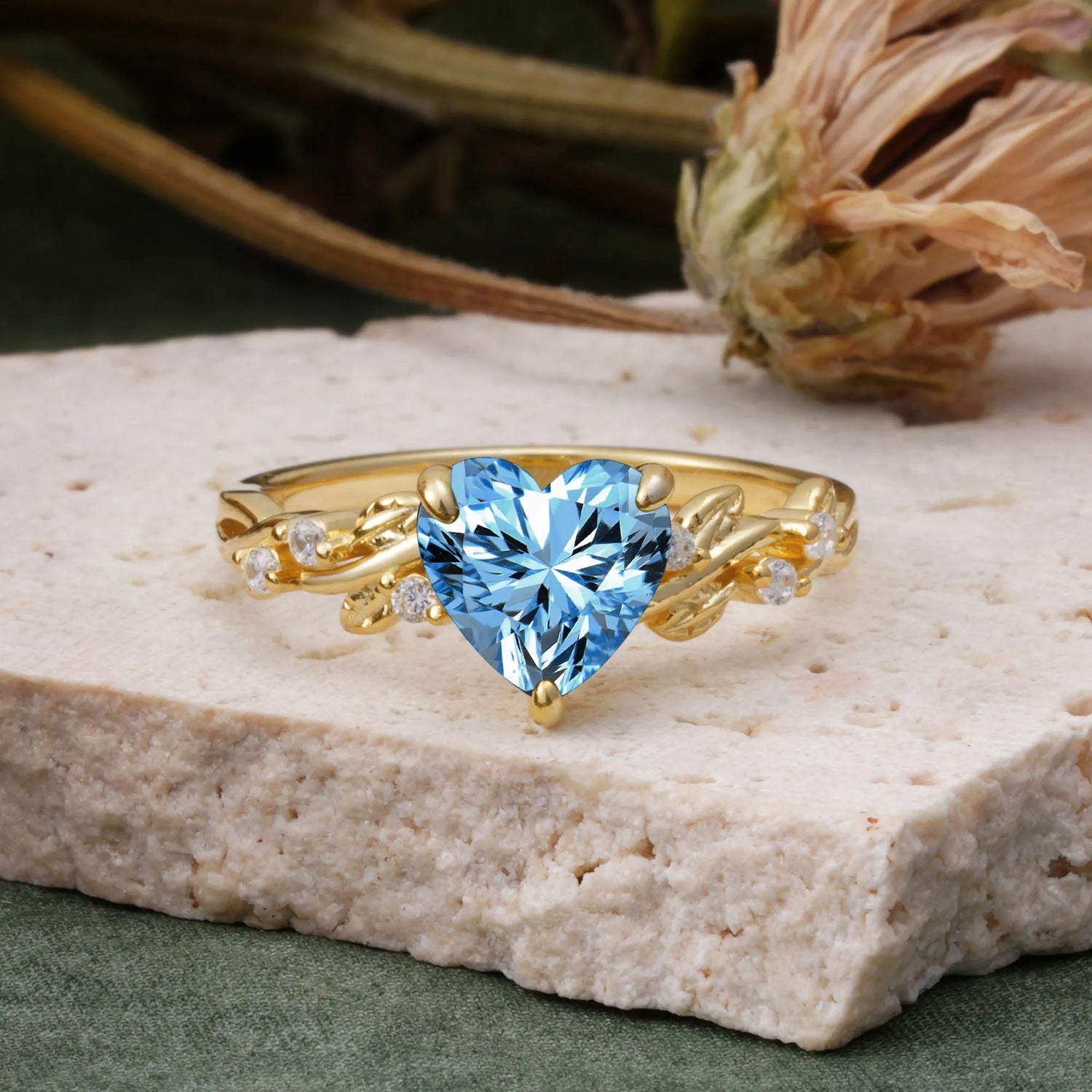 Classic 3 Prong Heart Cut Aquamarine Leaf Engagement Ring