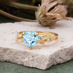 Classic 3 Prong Heart Cut Aquamarine Leaf Engagement Ring