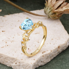 Classic 3 Prong Heart Cut Aquamarine Leaf Engagement Ring