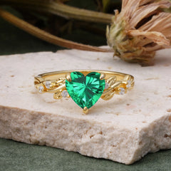 Classic 3 Prong Heart Cut Emerald Leaf Engagement Ring