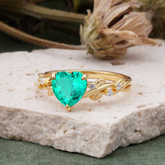 Classic 3 Prong Heart Cut Emerald Leaf Engagement Ring