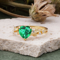 Classic 3 Prong Heart Cut Emerald Leaf Engagement Ring