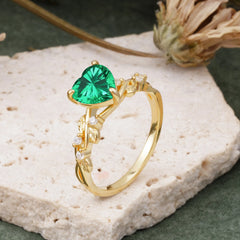 Classic 3 Prong Heart Cut Emerald Leaf Engagement Ring
