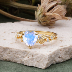 Classic 3 Prong Heart Cut Moonstone Leaf Engagement Ring