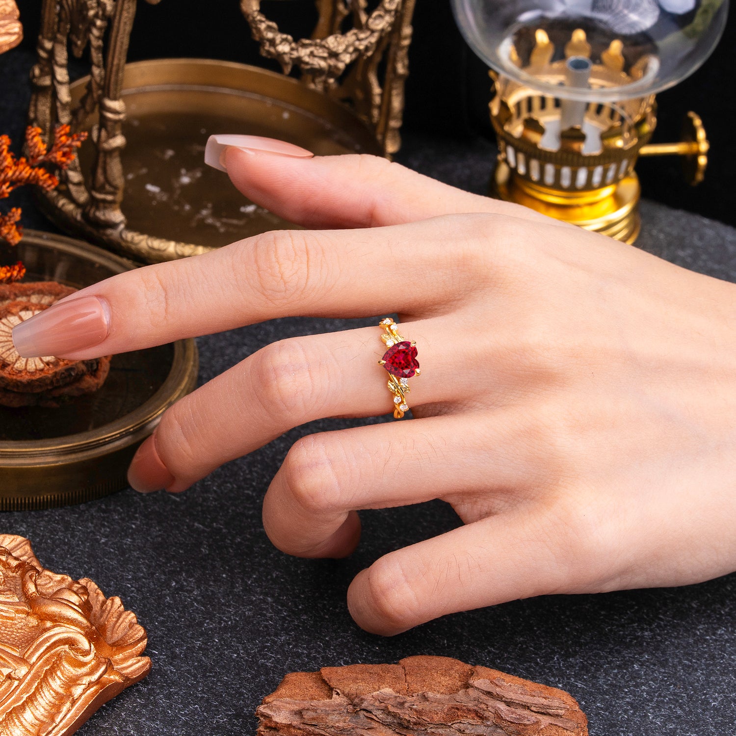 Classic 3 Prong Heart Cut Ruby Leaf Engagement Ring