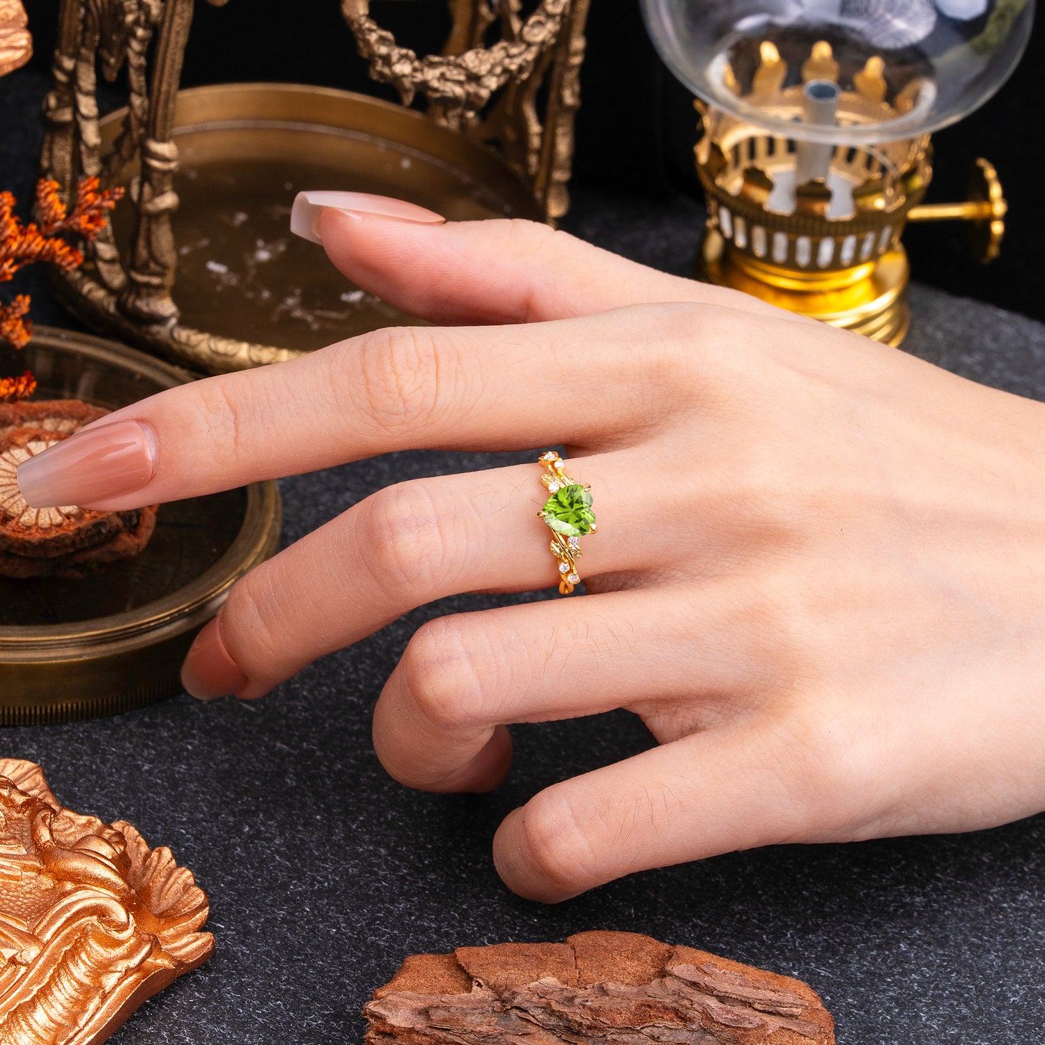 Classic 3 Prong Heart Cut Peridot Leaf Engagement Ring