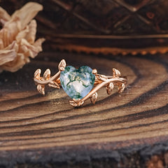 Unique Design Heart Cut 3 Prong Natural Moss Agate Leaf Engagement Ring