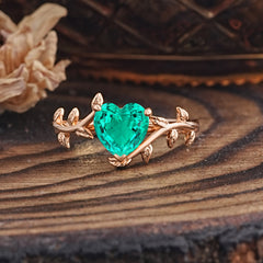 Unique Design Heart Cut Emerald Leaf Engagement Ring