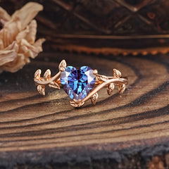 Unique Design Heart Cut Alexandrite Leaf Engagement Ring