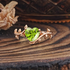 Unique Design Heart Cut Peridot Leaf Engagement Ring