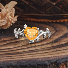Unique Design Heart Cut Citrine Leaf Engagement Ring