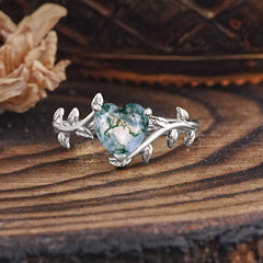 Unique Design Heart Cut 3 Prong Natural Moss Agate Leaf Engagement Ring