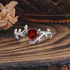 Unique Design Heart Cut 3 Prong Garnet Leaf Engagement Ring