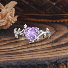 Unique Design Heart Cut 3 Prong Amethyst Leaf Engagement Ring