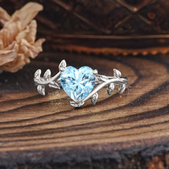 Unique Design Heart Cut 3 Prong Aquamarine Leaf Engagement Ring