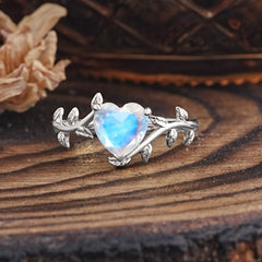 Unique Design Heart Cut Moonstone Leaf Engagement Ring