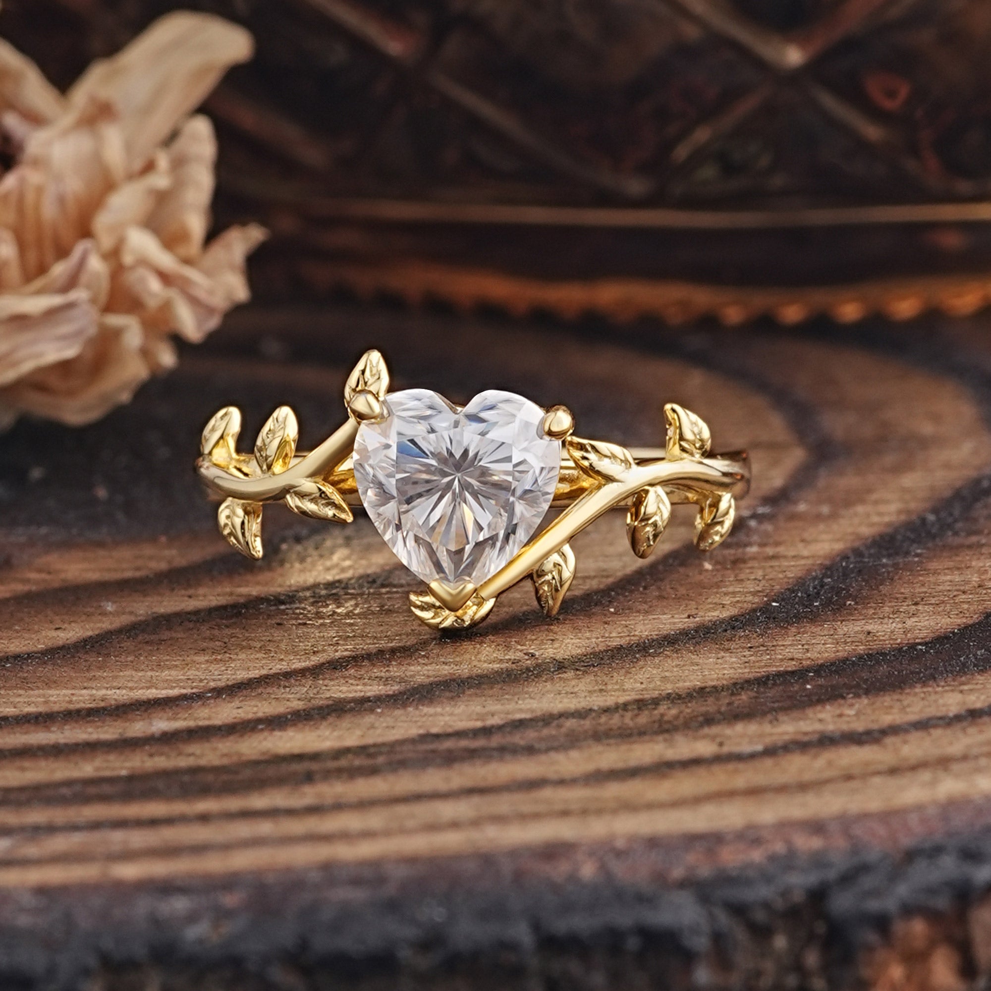 Unique Design Heart Cut Moissanite Leaf Engagement Ring - Romalar Jewelry