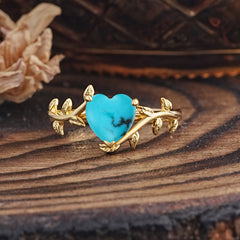 Unique Design Heart Cut Turquoise Leaf Engagement Ring