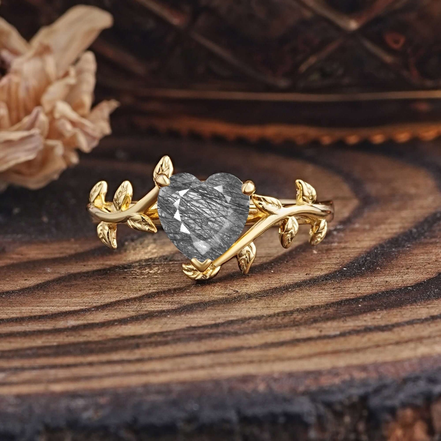 Unique Design Heart Cut Black Rutilated Quartz Leaf Engagement Ring