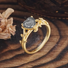 Unique Design Heart Cut Black Rutilated Quartz Leaf Engagement Ring