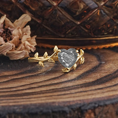 Unique Design Heart Cut Black Rutilated Quartz Leaf Engagement Ring