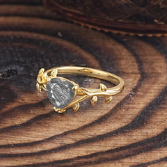 Unique Design Heart Cut Black Rutilated Quartz Leaf Engagement Ring