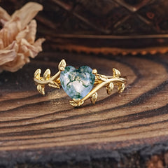 Unique Design Heart Cut 3 Prong Natural Moss Agate Leaf Engagement Ring