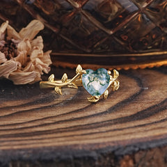 Unique Design Heart Cut 3 Prong Natural Moss Agate Leaf Engagement Ring