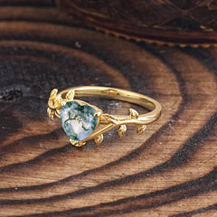 Unique Design Heart Cut 3 Prong Natural Moss Agate Leaf Engagement Ring