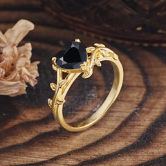 Unique Design Heart Cut Black Onyx Leaf Engagement Ring