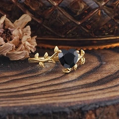 Unique Design Heart Cut Black Onyx Leaf Engagement Ring