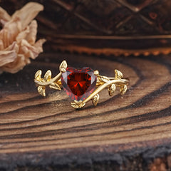 Unique Design Heart Cut 3 Prong Garnet Leaf Engagement Ring