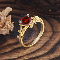 Unique Design Heart Cut 3 Prong Garnet Leaf Engagement Ring