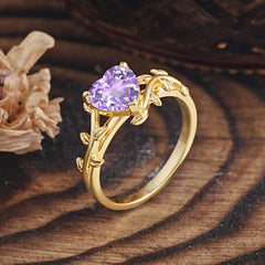 Unique Design Heart Cut 3 Prong Amethyst Leaf Engagement Ring