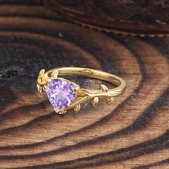 Unique Design Heart Cut 3 Prong Amethyst Leaf Engagement Ring