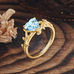Unique Design Heart Cut 3 Prong Aquamarine Leaf Engagement Ring