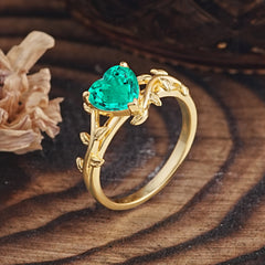 Unique Design Heart Cut Emerald Leaf Engagement Ring