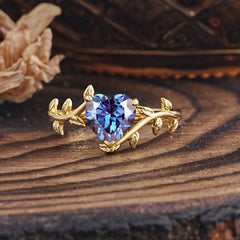 Unique Design Heart Cut Alexandrite Leaf Engagement Ring