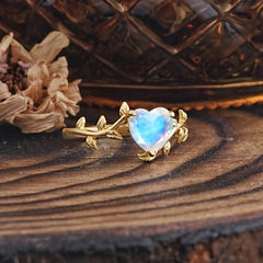 Unique Design Heart Cut Moonstone Leaf Engagement Ring